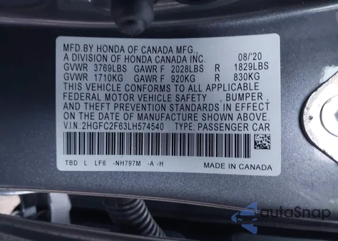 2020 Honda Civic Lx from USA, damaged, VIN 2HGFC2F63LH574540
